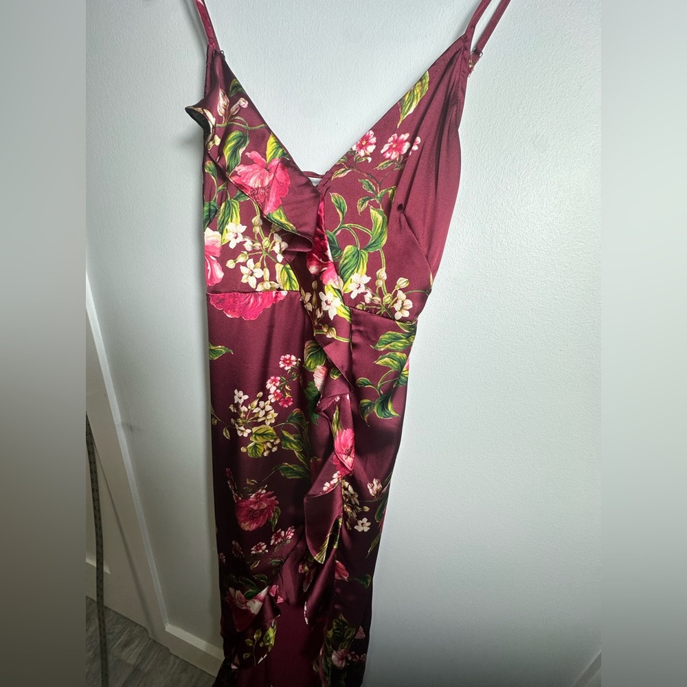 VICI Capriccio Satin Floral Ruffle  Burgundy Maxi Dress- Size Medium - Picture 13 of 17